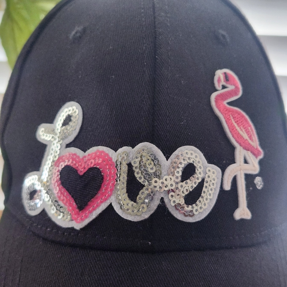 Women's Black Caps with Love and Flamingo Design Handmade-Personalized - Picture 7 of 8